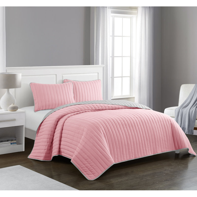 Rita Modern & Contemporary Striped Coverlet, Pink, King Quilt + 2 Standard Shams