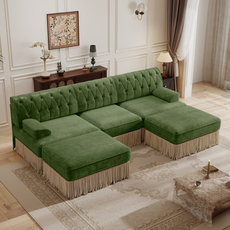 Luxurious Velvet Modular U Shaped Sectional Sofa With 2 Ottomans,3-Seater Chesterfield Sofa With Tufted Design And Tassel Fringe Skirt