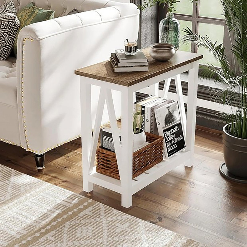 Table de bout Farmhouse, table d'appoint étroite, table de bout avec tablette de rangement pour petits espaces, salon et chambre à coucher, blanc