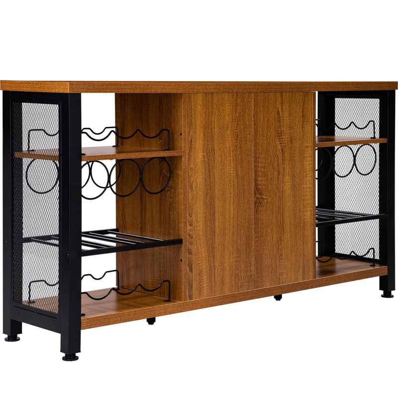 Armoire de bar industrielle, 55 x 13,6 x 30 po, panneau de particules, 1 pièce, armoire à vin, chêne rustique, avec porte-bouteilles et porte-verres