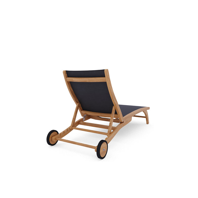 Perrin Teak Outdoor Reclining Chaise Lounger with Rear Wheels, Black
