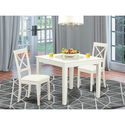 3 Piece Modern Dining Table Set Contains a Square Wooden Table and 2 Faux Leather Dining Room Chairs, Linen White