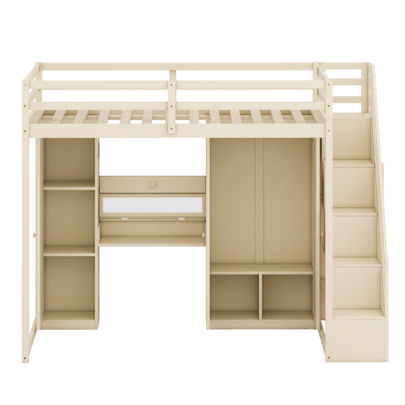 Lit mezzanine intelligent avec marches de rangement, bureau de coiffeuse avec miroir, grand espace de rangement, charge USB et lumières DEL