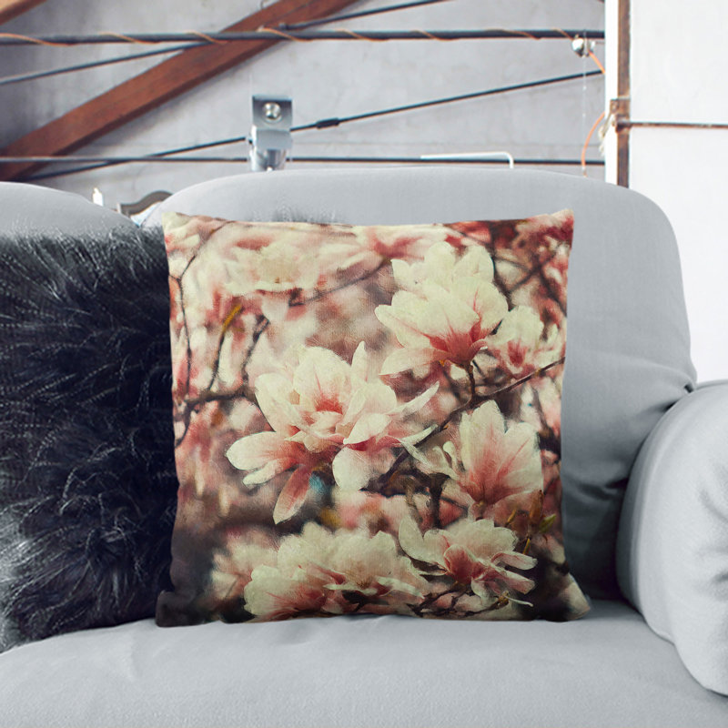 A Pink Magnolia Blossom Tree Painting Square Throw Cushion, 55cm H x 55cm W x 20cm D, Stone