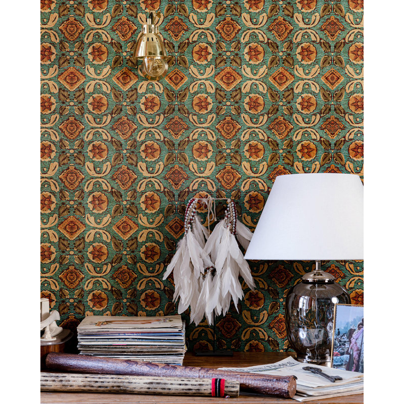 Woodstock Lifestyle Floral Wallpaper Roll, Green/Red/Taupe