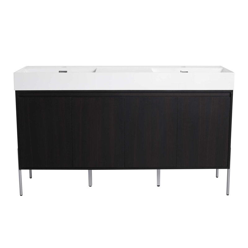 Meuble-lavabo autoportant avec lavabo double en résine, armoire de rangement avec portes à fermeture douce