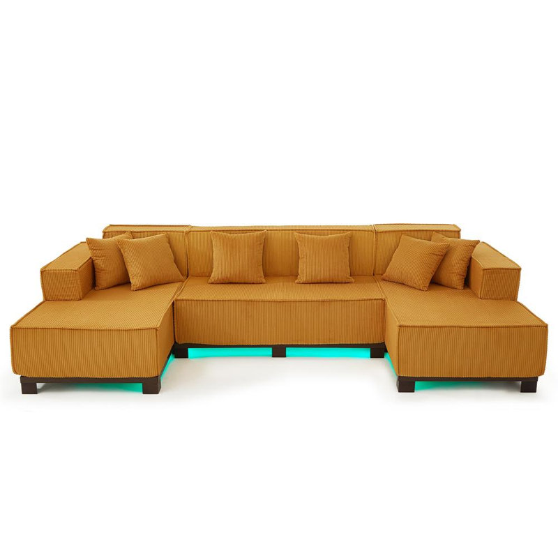 U-shaped Sectional Sofa and 6 Pillows (Orange), Orange Corduroy