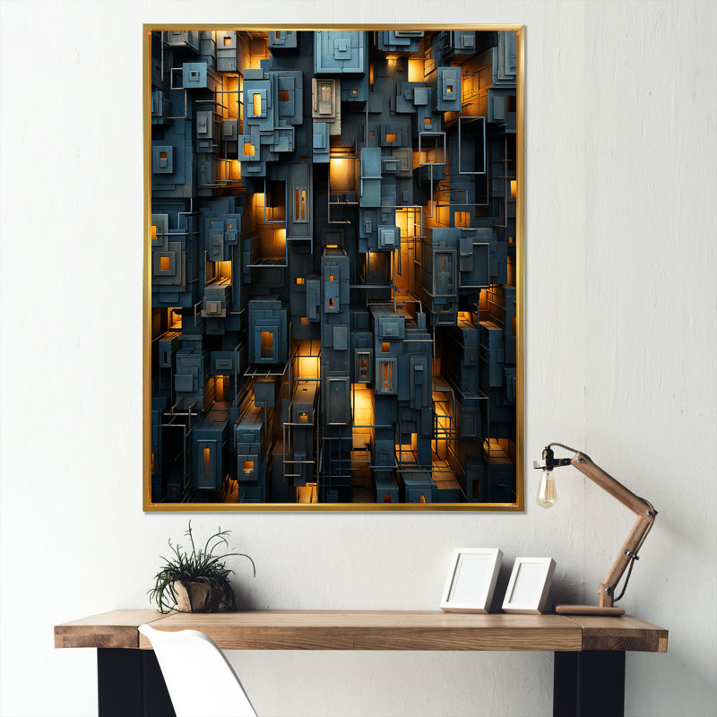 " Copper Canyons Skycrapers Cityscape ", Gold Floater Framed, 44" H x 34" W x 1.5" D