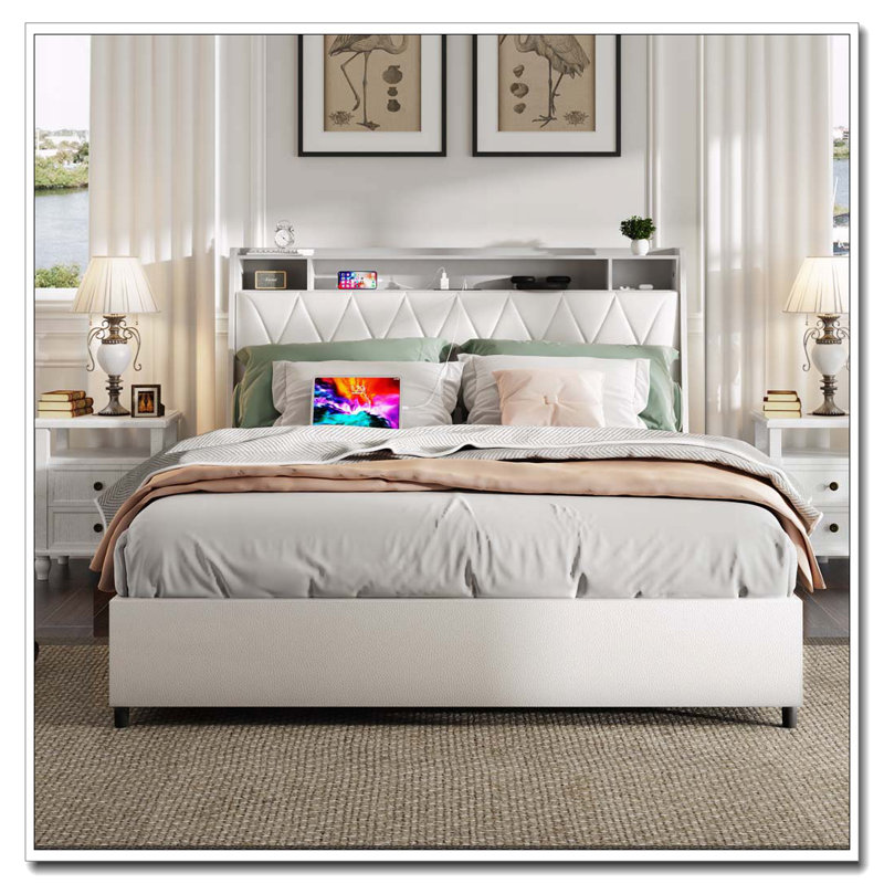 Cadre de grand lit avec tête de lit ergonomique, cadre de lit plateforme grand avec prises et chargeur,, Blanc