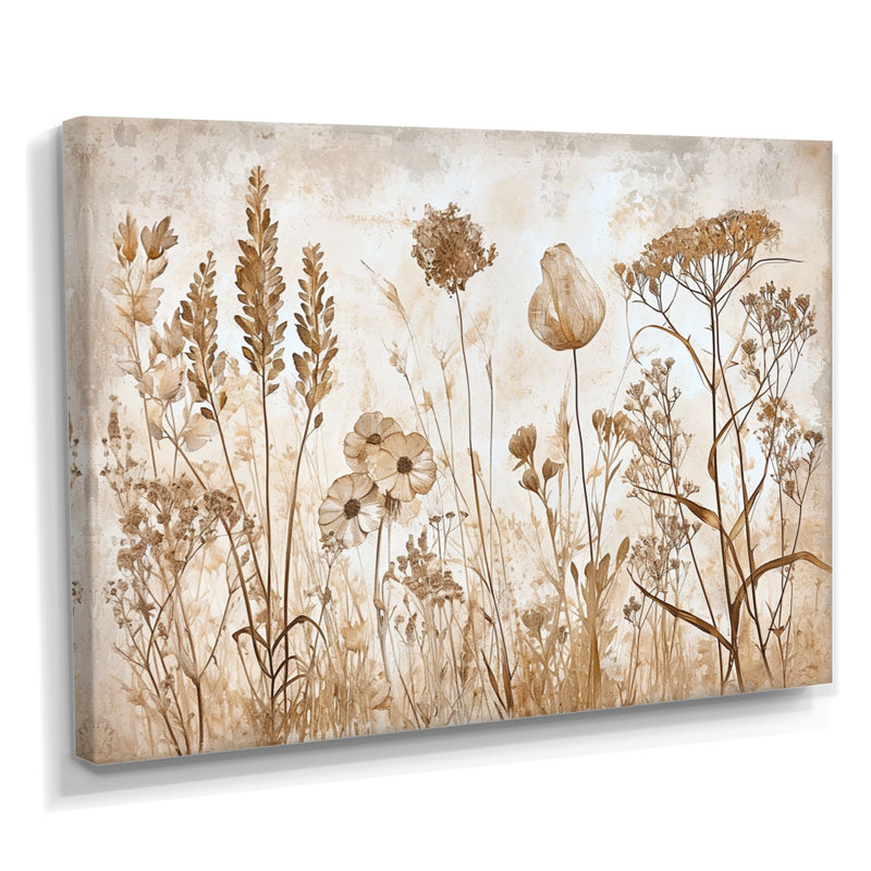 Fleurs séchées rétro et herbe sauvage sépia - fleurs sauvages, art mural, décoration murale, Toile tendue, H 24 po x l 32 po