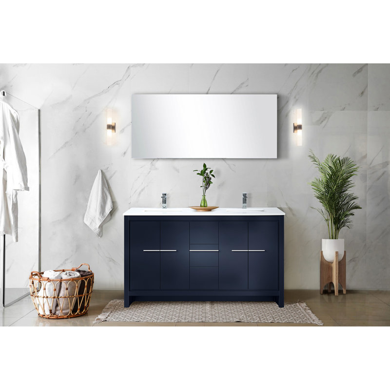 60 po L x P 20 po. Meuble-lavabo bleu marine avec comptoir en quartz blanc, robinet 55 po et miroir, Marine
