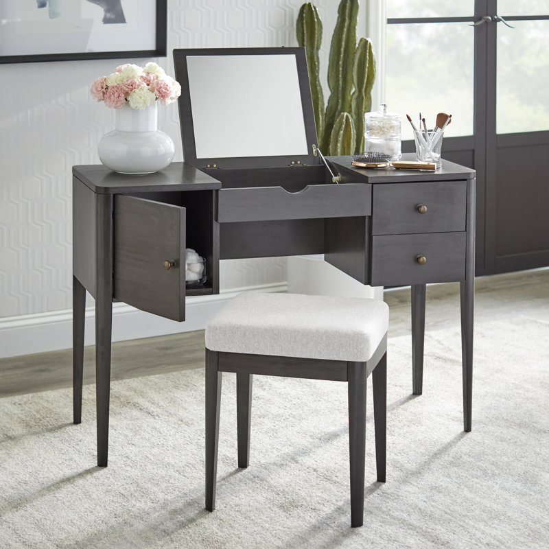 Vanity with Mirror and Seat, Gray
