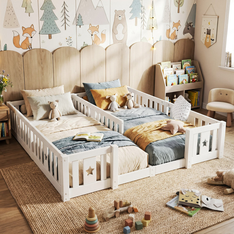 Solid Wood Montessori Floor Bed With Star Guardrails, For Two 90X200cm European Single Beds, Twin Kids Playpen Bed, White, No