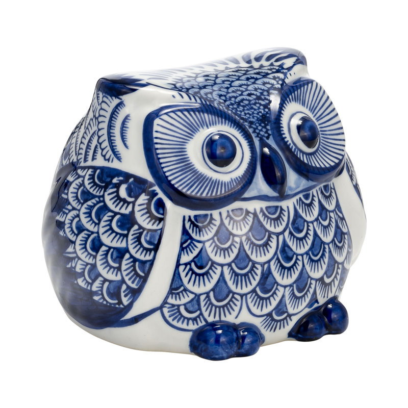 Caleta Stoneware Ceramic Owl Figurine with Intricate Hand-Painted Detailing, 5" H x 6" W x 6" D