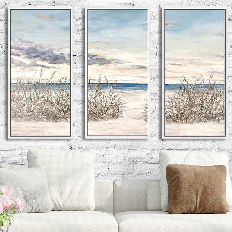 Windy Beaches - 3 pièces, peinture sur toile à cadre flottant, L 52,5 po x H 33,5 po