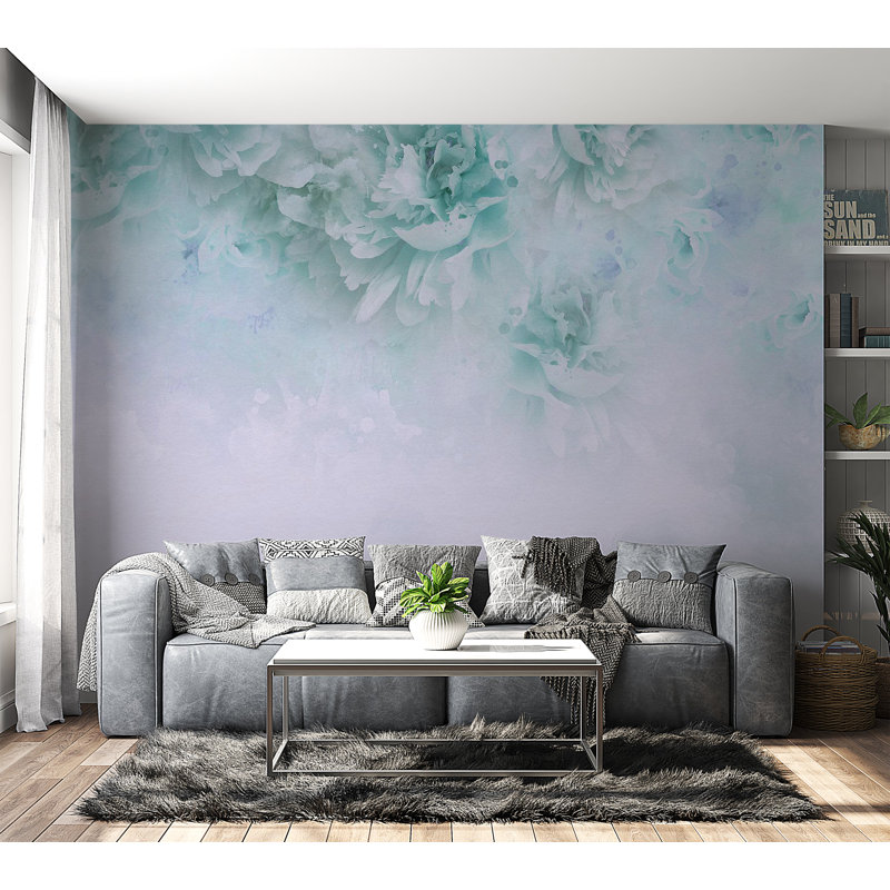 Papier peint floral avec composition florale turquoise clair, L 82 po x l 118 po