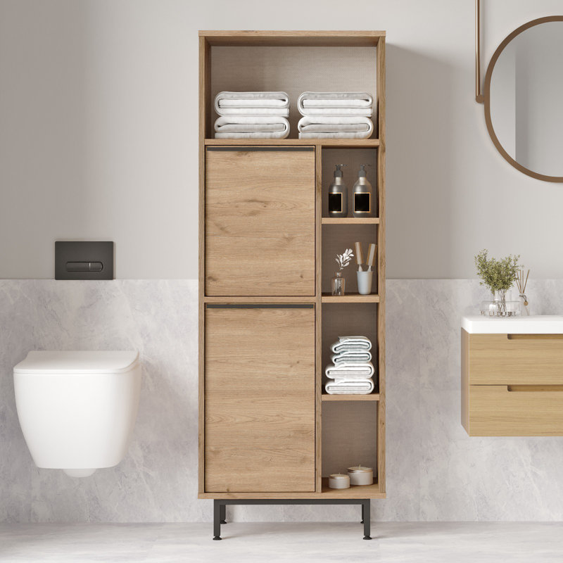 Elegant Walnut Bathroom Cabinet, 23.6 x 63.7 x 14.0 inches | 100% Melamine Coated Particle Board, Thickness: 0.7 inches | Sturdy Metal Legs, Industrial Design | Perfect for Modern Bathrooms & Storage Solutions
