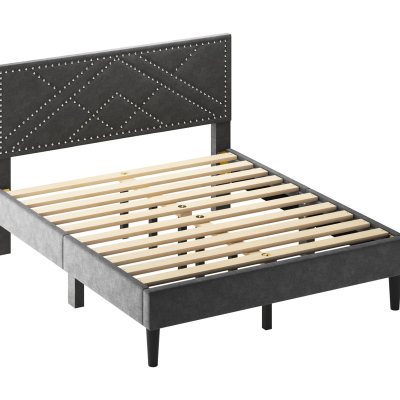 Structure de lit intrigante pour grand lit avec rangement pour tête de lit en lin, installation stable et silencieuse, sous sommier sans sommier, 485 lb, tête de lit avec rangement gris carbone, conception silencieuse