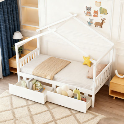 Wooden House Bed with Drawers