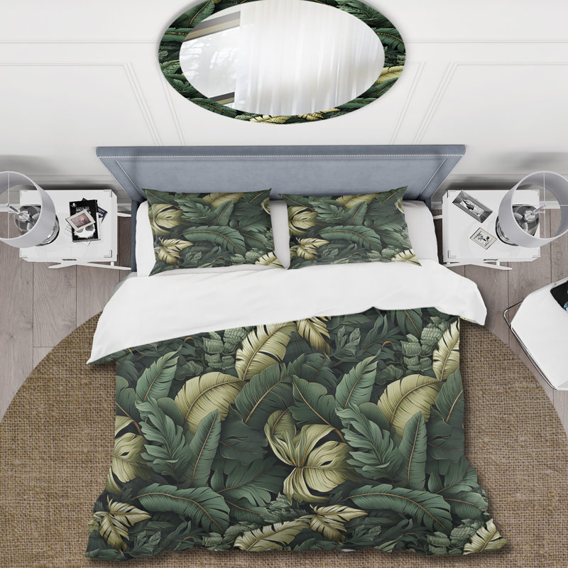 Green Banana Leaf Bliss Tropical Pattern IV Polyester Duvet Cover Set, King Duvet Cover + 2 King Shams