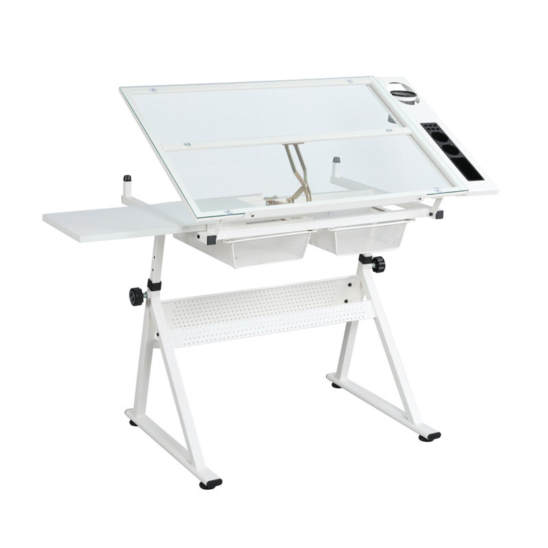 Adjustable Tempered Glass Drafting Printing Table With Chair, White