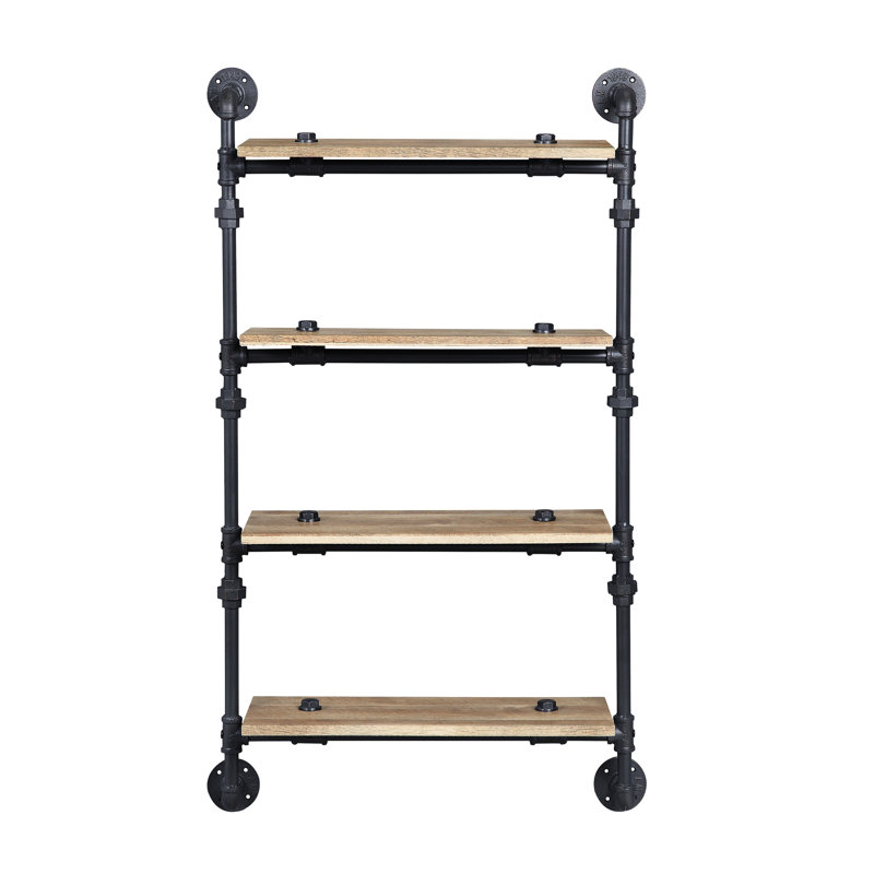 Support mural à 4 niveaux à structure en métal avec conduites d'eau, finition chêne et noir sablé, tablettes en placage de l 23 po x l 9 po, séparation de 12 po, poids de 10 lb par tablette, style, placage, grand espacement