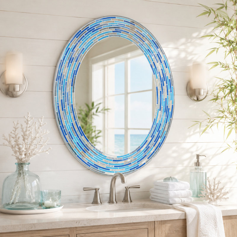 Miroir mural Ashong, 29 po x 23 po, Ovale, Aqua / bleu