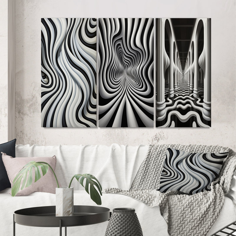 «Black White Optic Art Dream», 3 pièces, Toile tendue, H 40 po x l 60 po