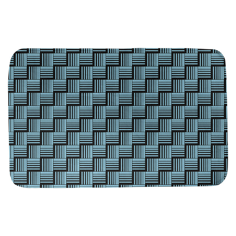 Tapis de bain géométrique antidérapant rectangulaire à rayures baskettressées, l 17 po x L 24 po, Noir / bleu sarcelle