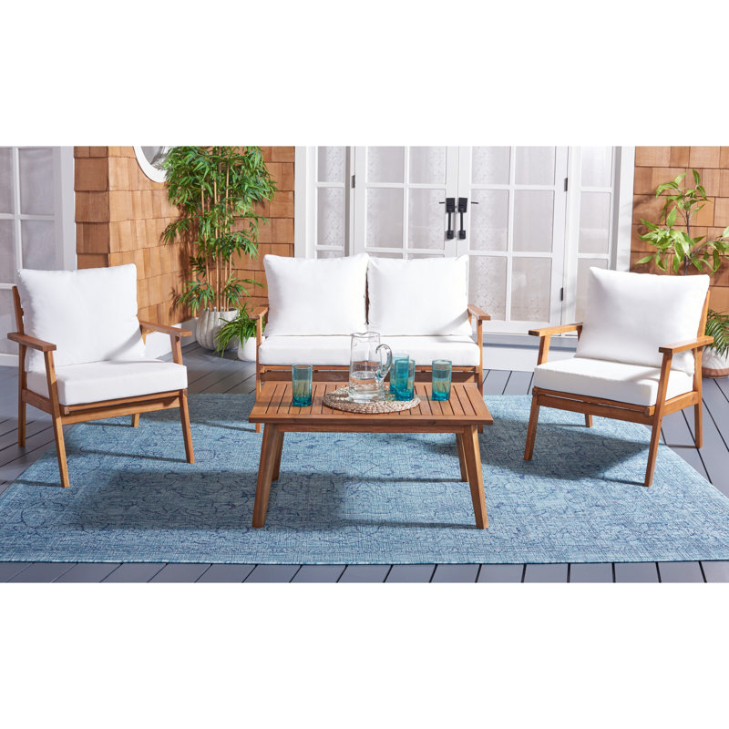 Ensemble de conversation 4 pièces pour 4 personnes en bois d'acacia , Cadre naturel / coussin blanc