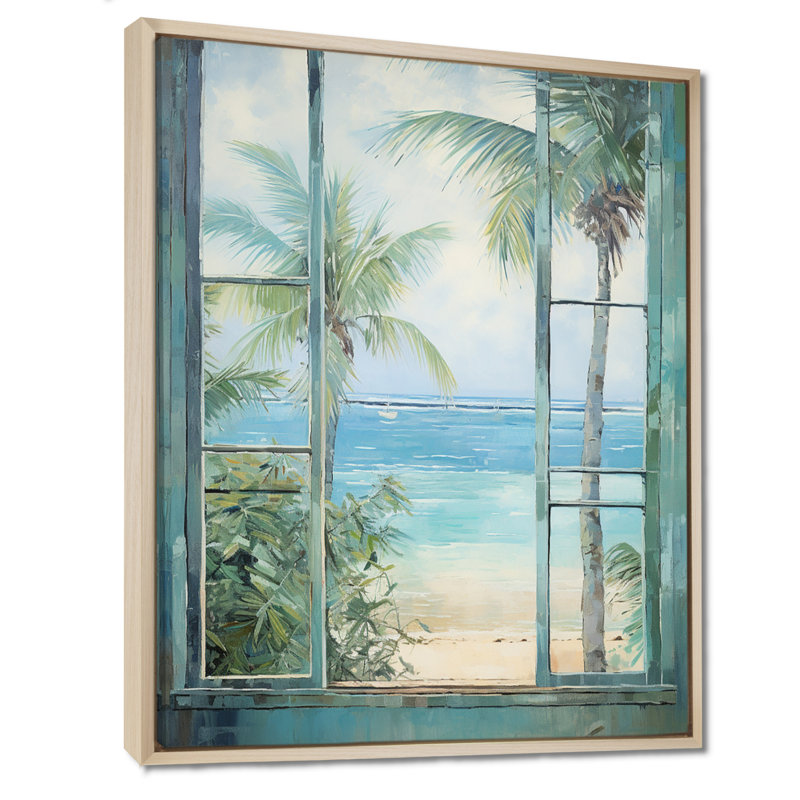 «Tropical beach Windows horizon I» - Impression sur toile côtières, Cadre flottant brun, H 32 po x l 16 po x P 1 po