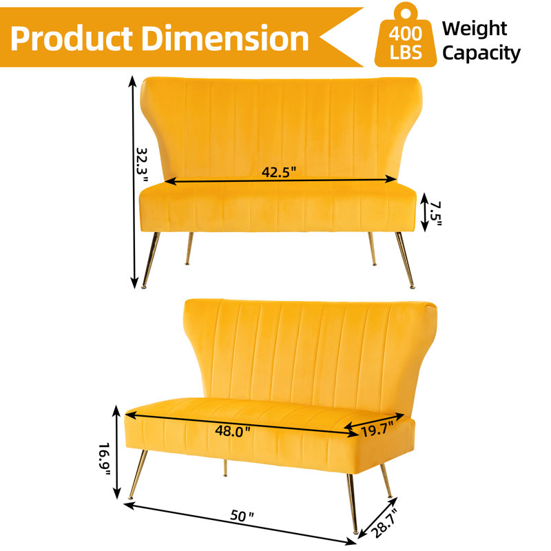 Vardell Fabric 48'' Reception Loveseat, Yellow