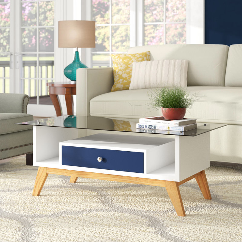 Levi Glass Top Single Coffee Table, Navy/White