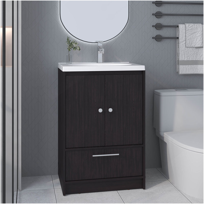 Meuble-lavabo avec lavabo, 2 portes, 1 tiroir, wengé noir, Noir