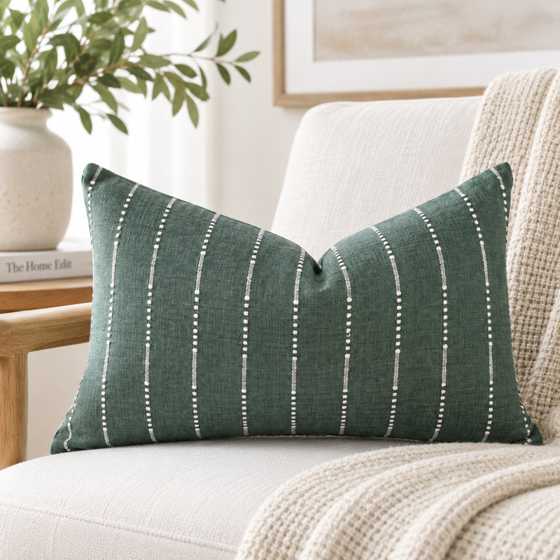 Green Thai Handwoven Cotton Lumbar Pillow Cover, Decorative Accent, Green, Rectangle 12"H x 18"W