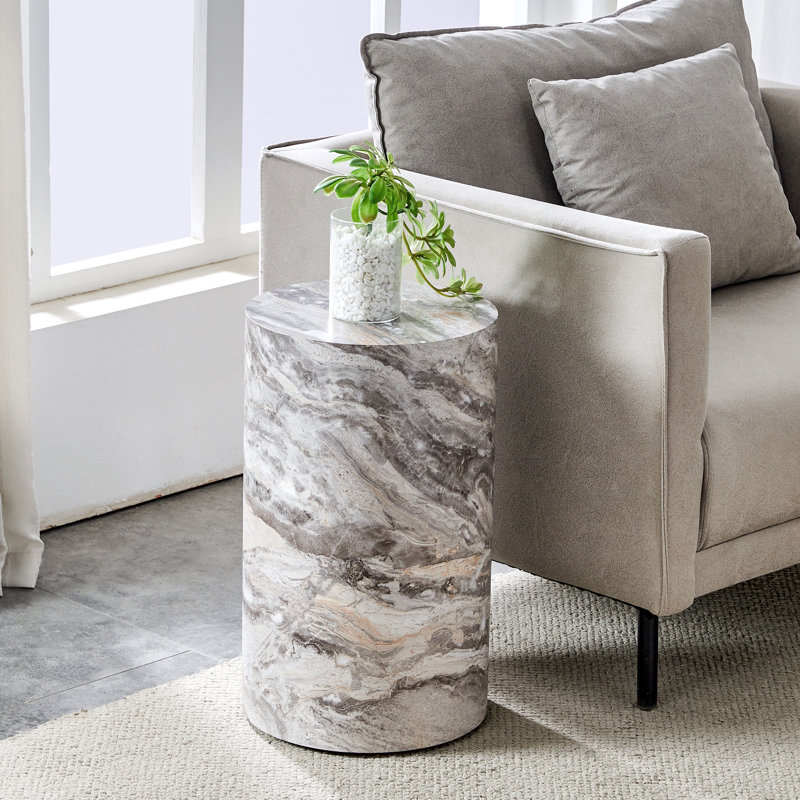 Table de bout ronde moderne en faux marbre 19,7 po Modern, H 19,7 po x L 12 po x l 12 po, Gris