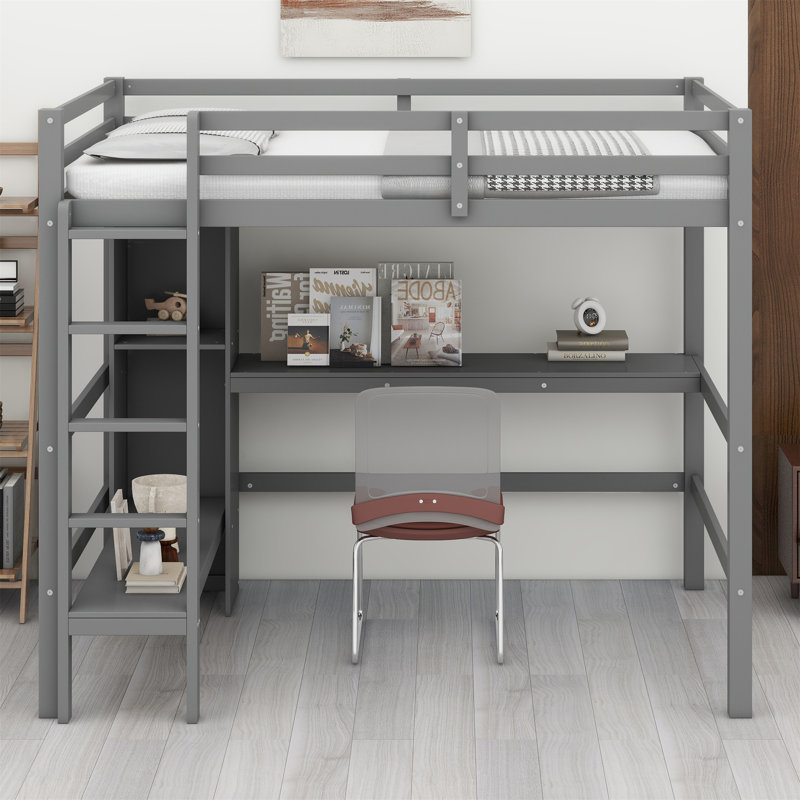 Full Size Wood Loft Bed With Under-Bed Desk, Loft Bed With Multifunction Shelves, Solid Wood Bed, No Box Spring Needed, Gray