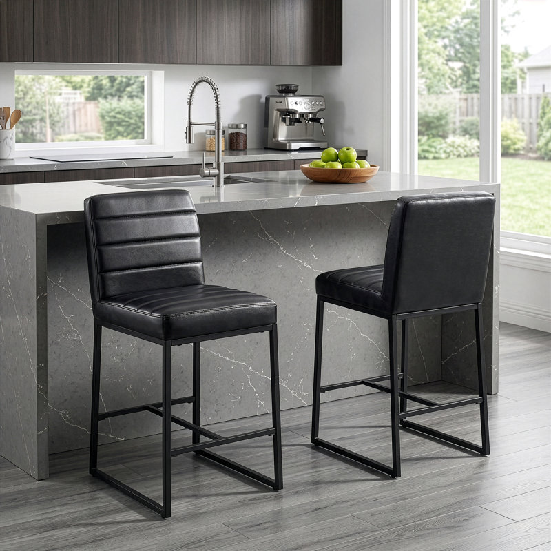 Set of 2 Damylah Faux Leather Counter Stool with Black Metal Legs, Counter Stool (25.60" Seat Height), Black