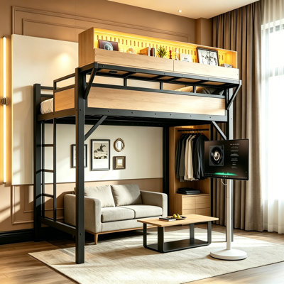 Lit mezzanine simple de taille très grande avec tablettes de rangement et panneau perforé, cadre de lit mezzanine en métal avec ports USB et lumières à DEL, cadre de lit peu encombrant pour les petites chambres et les appartements, conception sans br