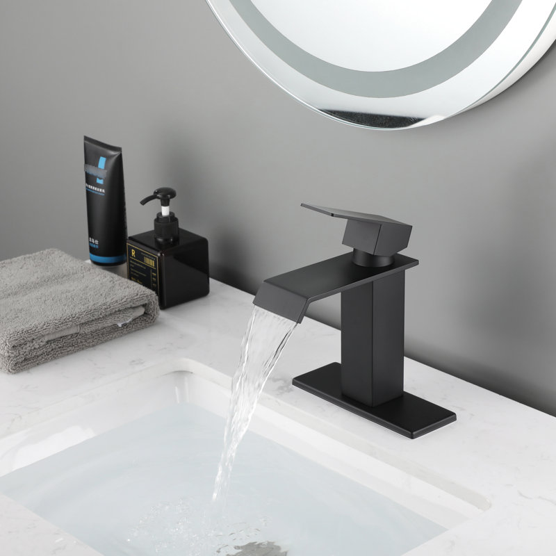 Robinet de lavabo de salle de bain en acier inoxydable avec bec cascade et poignée simple Easy-Grip, poignée noire matte pour un look élégant, acier