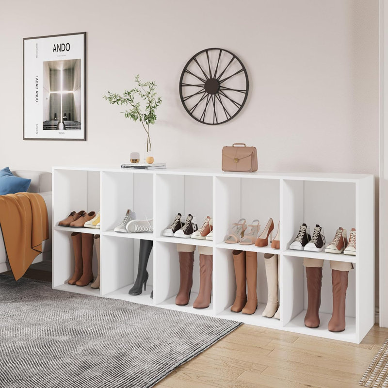 Hokku Designs Shoe Rack, 10 Compartment Open Storage Display Shoes Organizer FSSR018, Ivory White