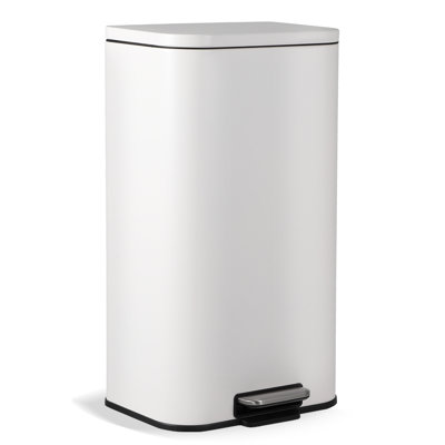 White 30 Liter Step-On Kitchen Trash Can, Fingerprint-Resistant Steel Garbage Bin with Soft-Shut Lid, 13.8 x 11.1 x 24 Inch
