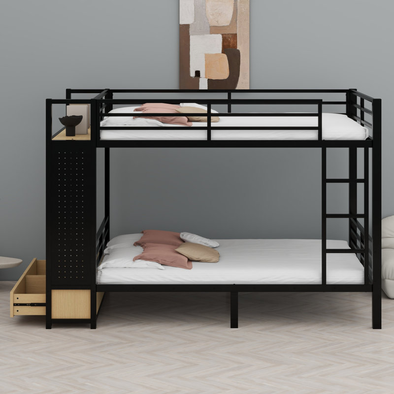 Lit superposé en métal pour les adolescents avec tablettes de rangement, tiroirs et panneau perforé, Grand sur grand