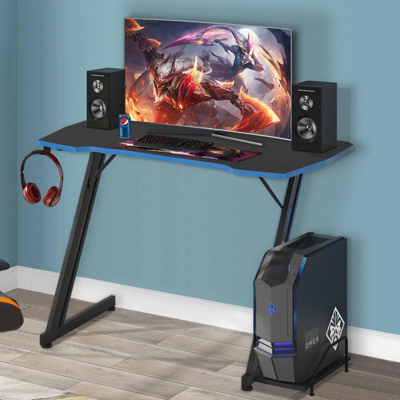 Dkelincs Red Gaming Desk Z-Shaped Game Desk Table, Blue, 29.5" H x 39.4" W x 23.6" D, Black/Blue