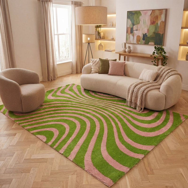 Joli Striped Area Rug Soft Dense Pile for Living Rooms and Bedrooms, Rectangle 160 x 230 cm, Green/Pink