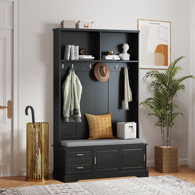 Portemanteau 3-en-1 avec portes coulissantes, portemanteau polyvalent, armoire de banc, Black