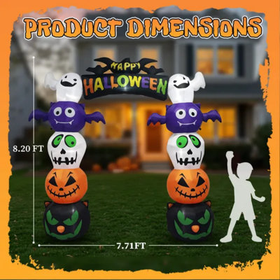 8.2FT Light-Up Halloween Inflatable Archway with Stacked Pumpkin, Ghost & Bat Figures, Built-in LED Lights for Outdoor Yard & Party – Festive Horror Style