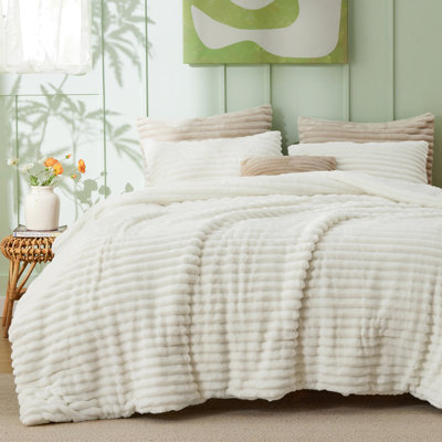 Ensembles d'édredon pour grand lit - 3 pièces de literie en molleton blanc moelleux à double face, esthétique rayée confortable pour les chambres modernes et d'invités, décoration intérieure de luxe toutes saisons