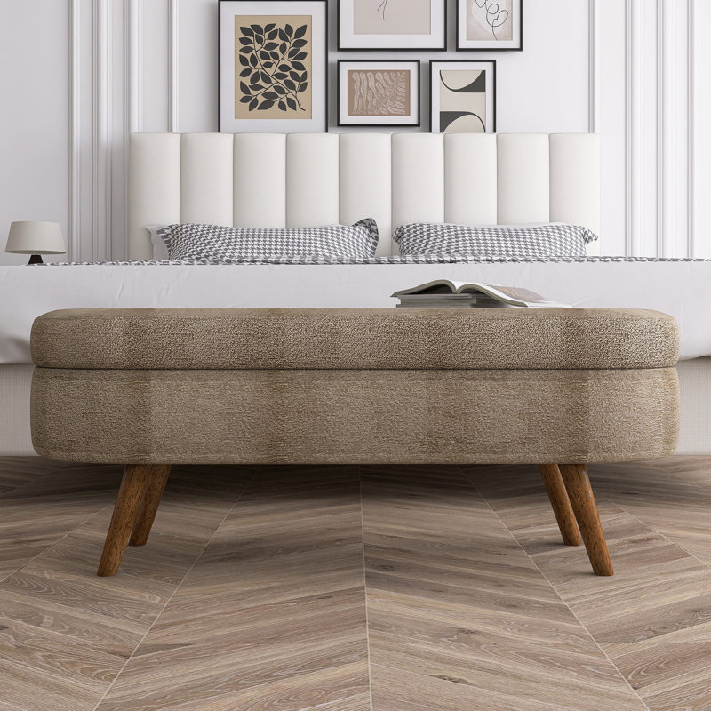 Banc de rangement ovale avec repose-pieds en bois d'hévéa, Brun