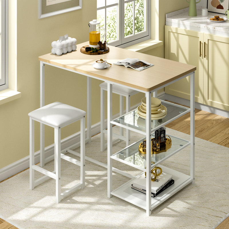 Ligon Ligon 3-Piece Kitchen Bar Table Set with Oak Top, Storage Shelves & PU Leather Stools — Small Space Dining Set, Oak